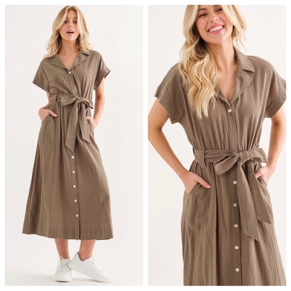 02 Boho Solid Linen Self Tie Waist Long Dress - Picture 4 of 4
